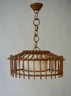 French 1950s Vintage Bamboo & Rattan Pendant Lamp