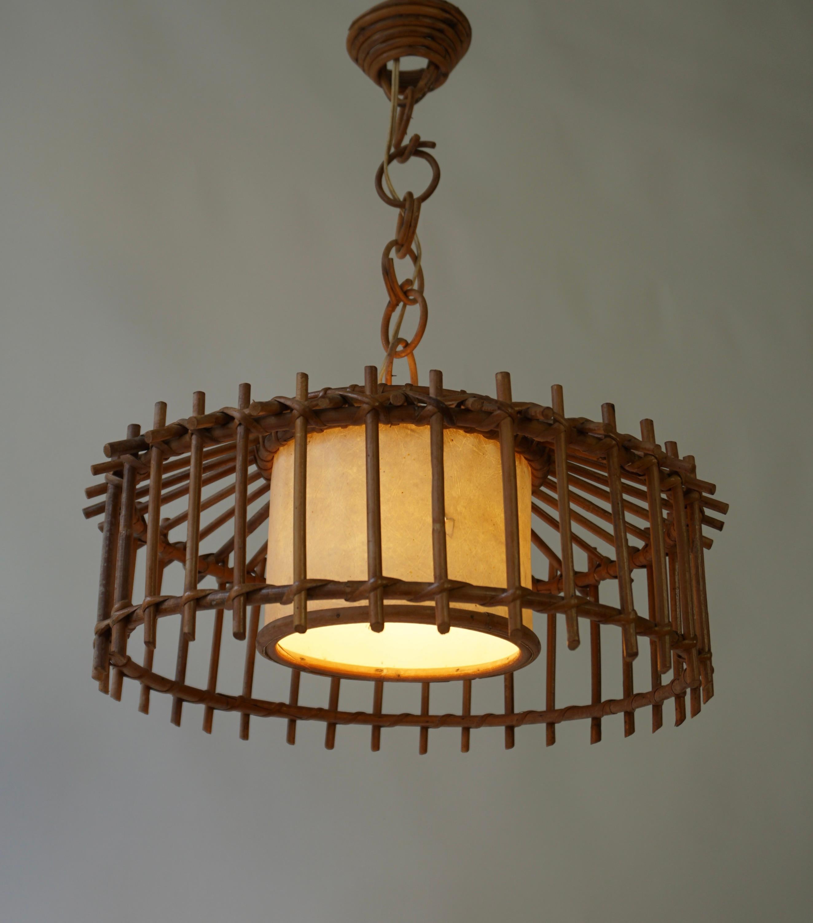 Bohemian French 1950s Vintage Bamboo & Rattan Pendant Lamp For Sale