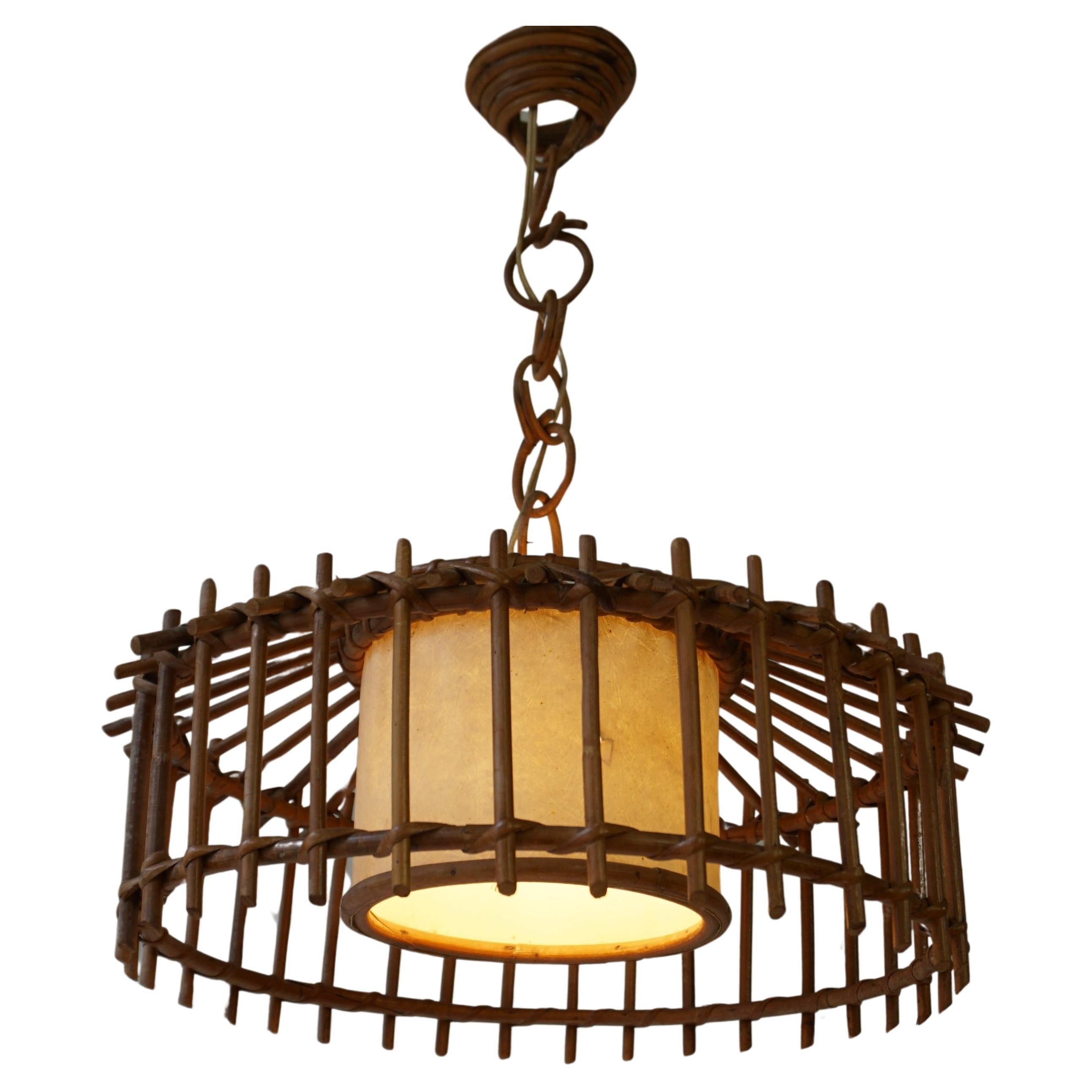 French 1950s Vintage Bamboo & Rattan Pendant Lamp For Sale