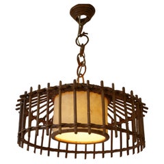 French 1950s Vintage Bamboo & Rattan Pendant Lamp