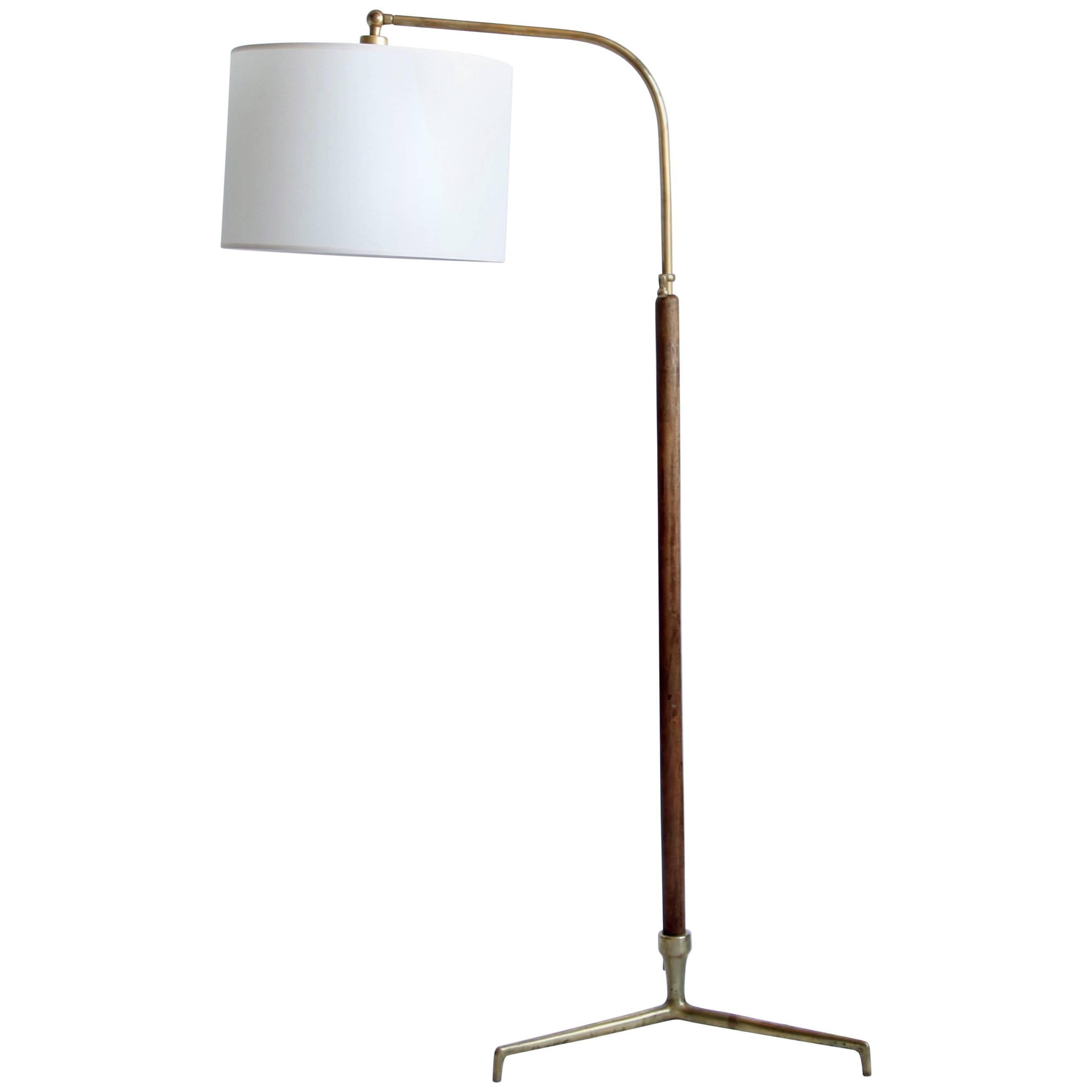 French 1950s Walnut and Brass Adjustable Floor Lamp