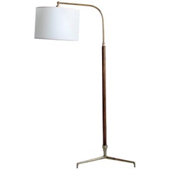 French 1950s Walnut and Brass Adjustable Floor Lamp