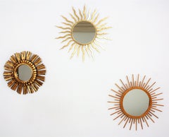 French 1950s Wrought Gilt Iron Sunburst Mirror in the Style of Gilbert Poillerat
