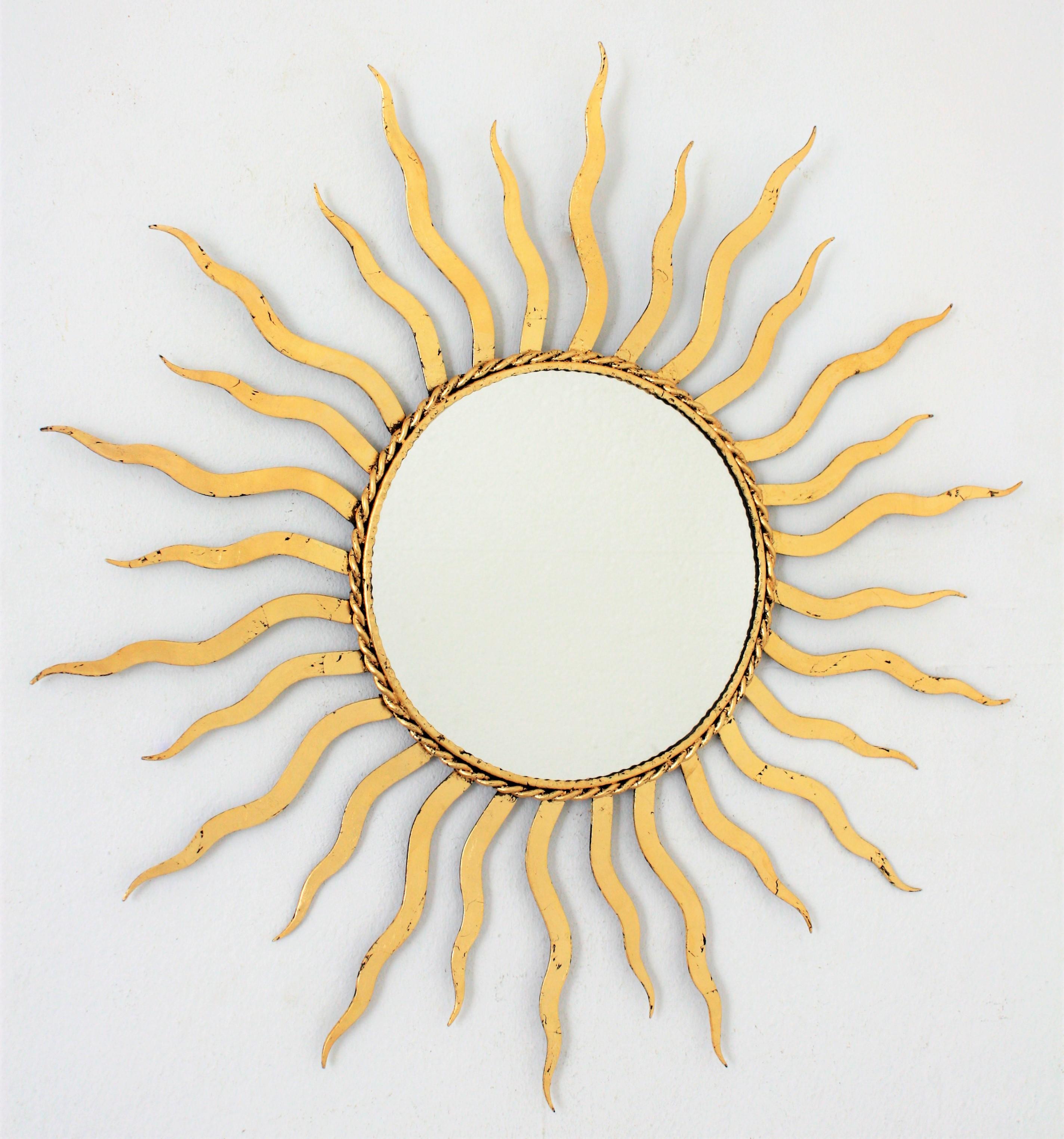 Mid-Century Modern French 1950s Wrought Gilt Iron Sunburst Mirror in the Style of Gilbert Poillerat