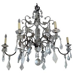 French 1950's Wrought Iron, Cut Glass and Rock Crystal Chandelier