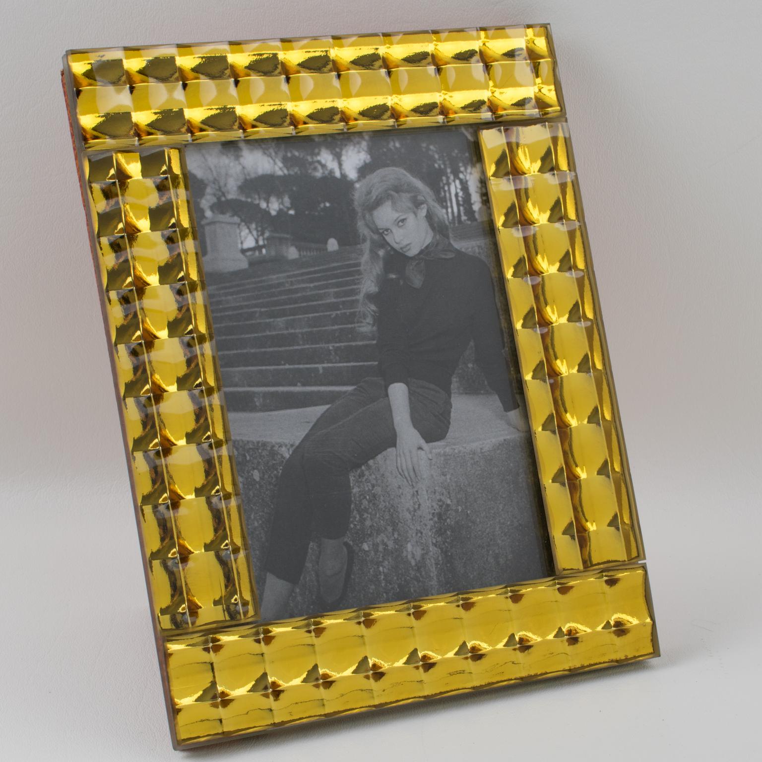 Stunning French mirrored picture photo frame. Lovely yellow dijon mustard colored mirrors. Framing is built with tiny little domed square mirrors with metallic Kinetic effects. The picture frame can be placed either in portrait or in landscape