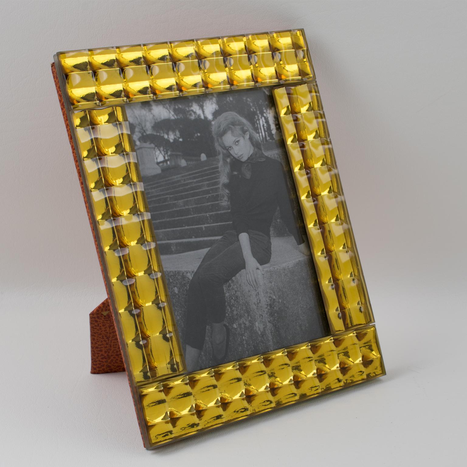 Mid-Century Modern French 1950s Yellow Faceted Mirror Picture Frame