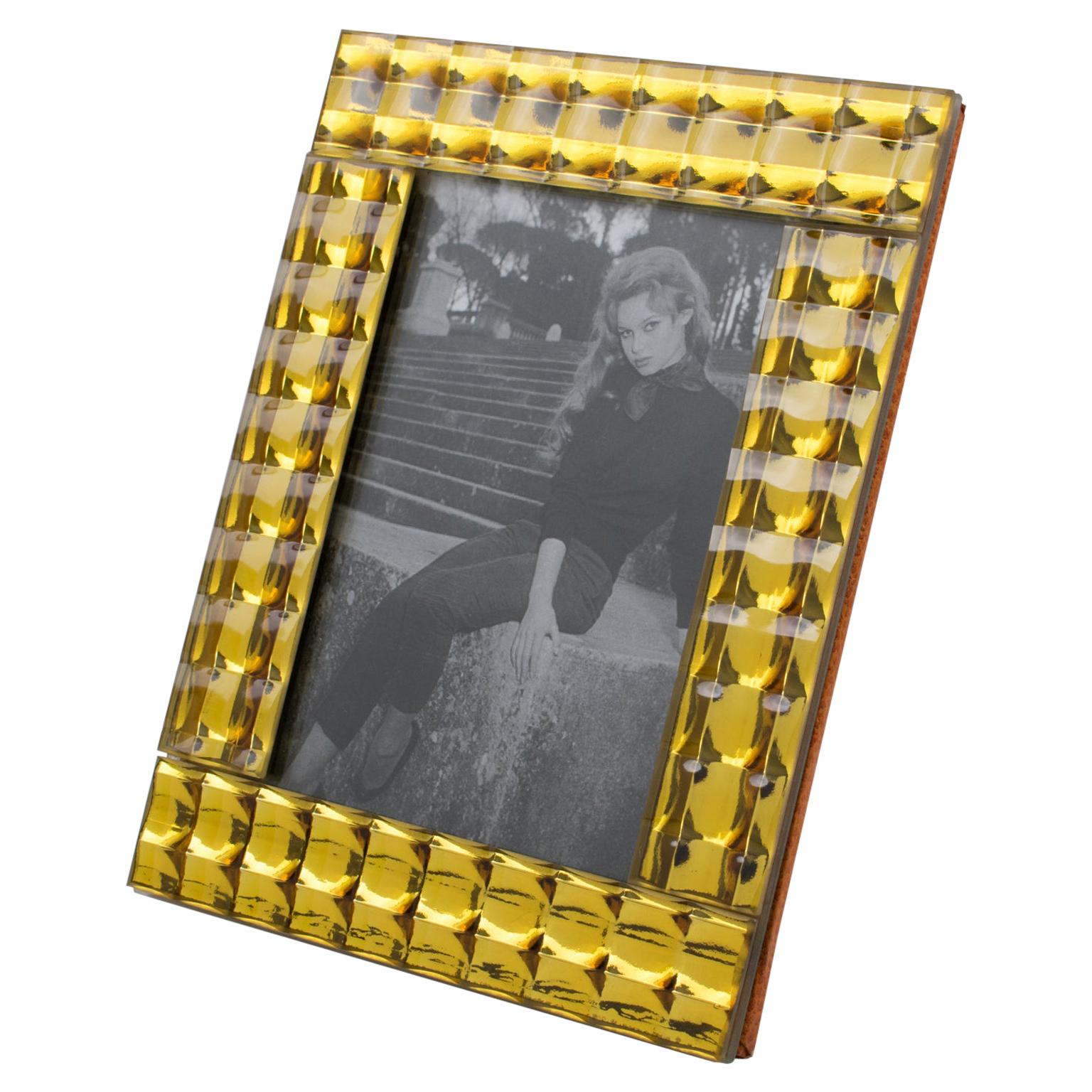 French 1950s Yellow Faceted Mirror Picture Frame