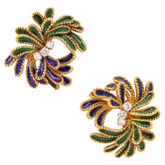 FRENCH 1960 Pendientes Clips Retro Modernos Esmaltados En Oro Amarillo 18Kt Y Diamantes