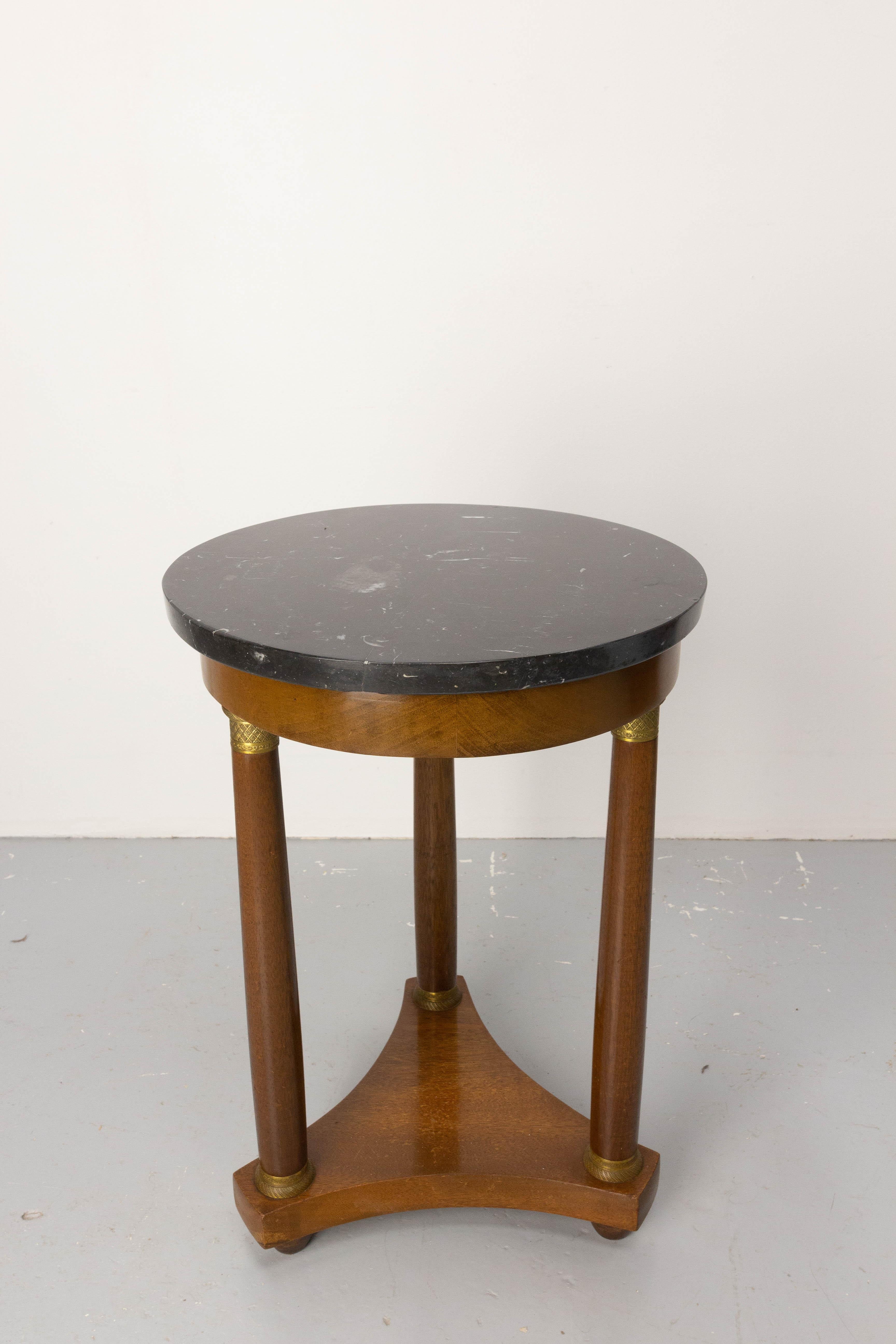 Wood French 1960 Iroko & Marble Sellette or Plant Holder Three Legs Empire St, c 1960 For Sale