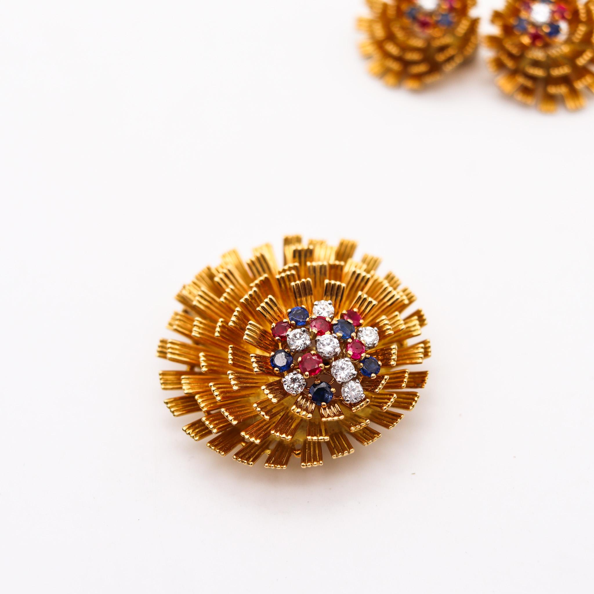 Brilliant Cut French 1960 Mid Century Modern Earrings Brooch 18Kt Gold With 2.33 Ctw Gemstones For Sale