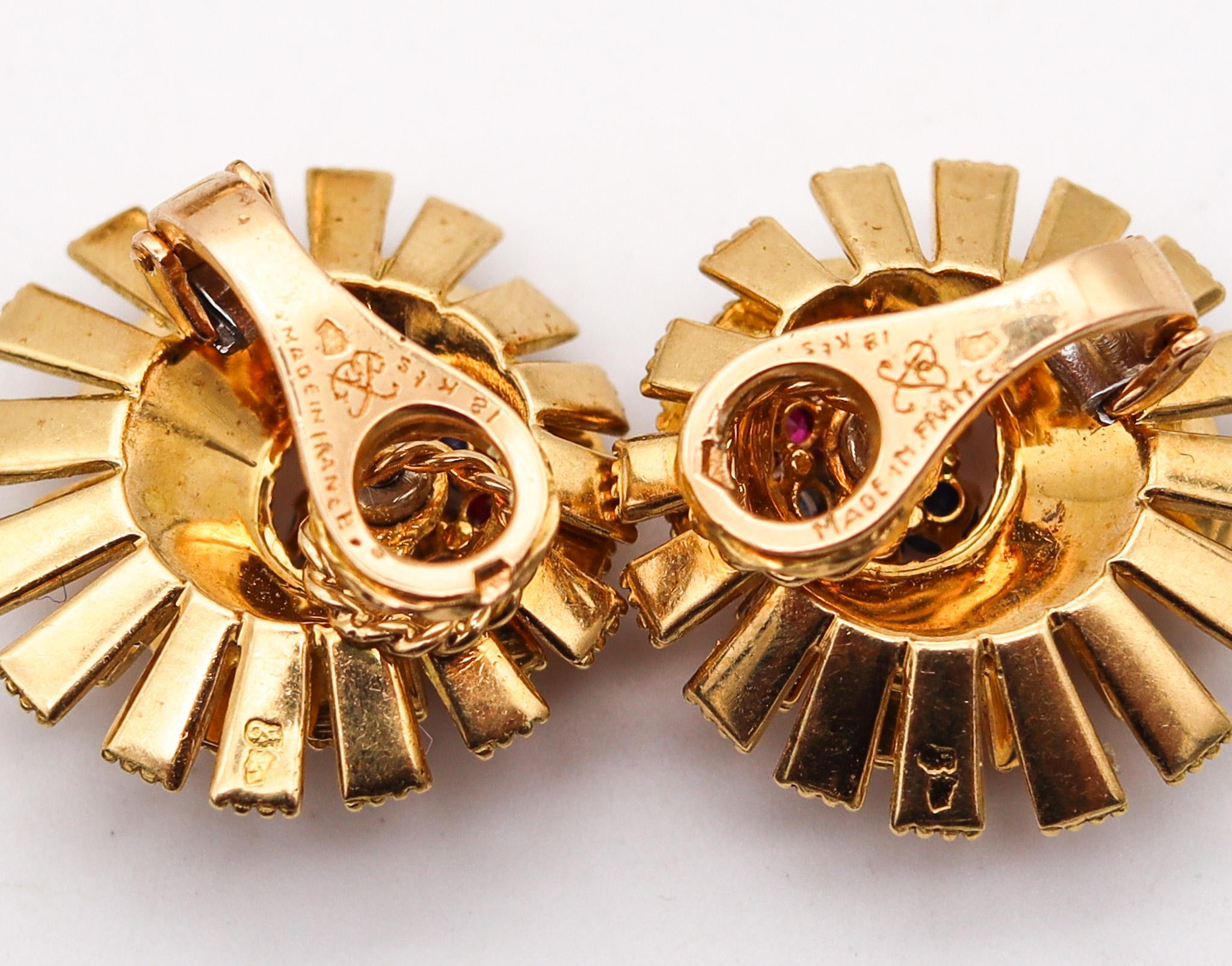 Women's French 1960 Mid Century Modern Earrings Brooch 18Kt Gold With 2.33 Ctw Gemstones For Sale