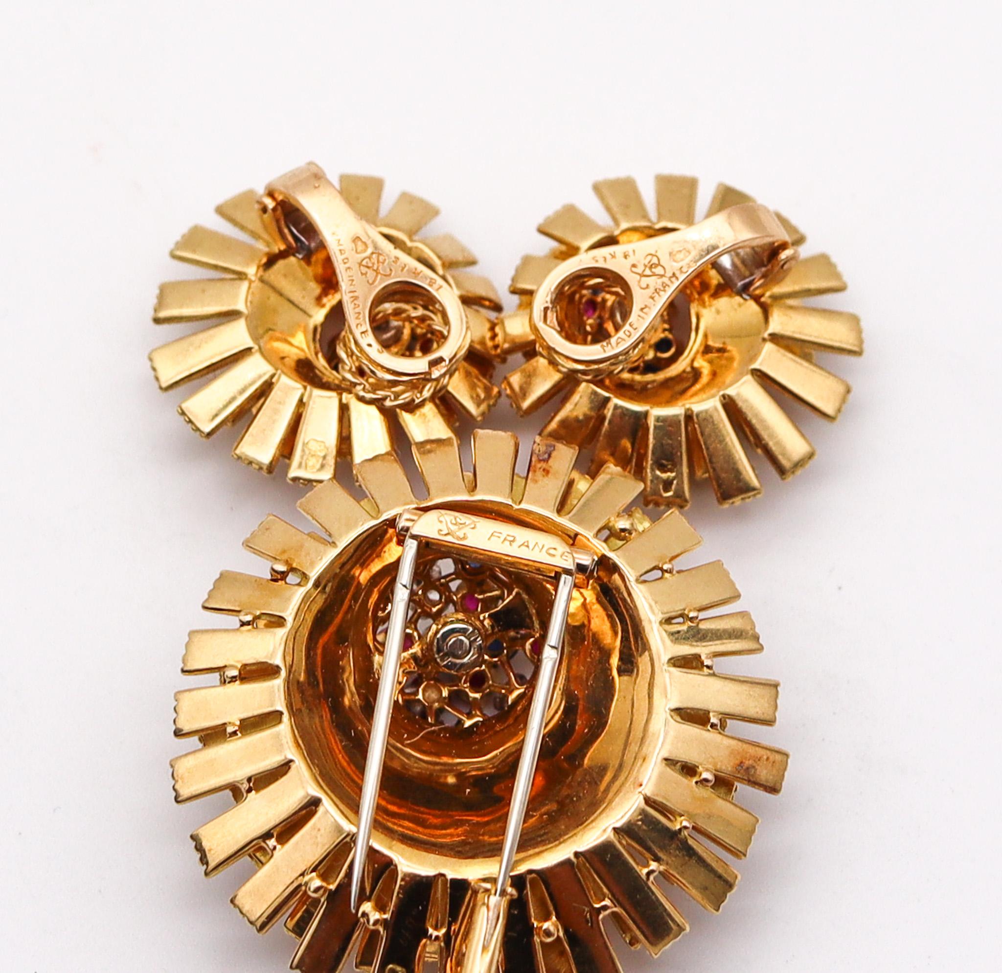 French 1960 Mid Century Modern Earrings Brooch 18Kt Gold With 2.33 Ctw Gemstones For Sale 1
