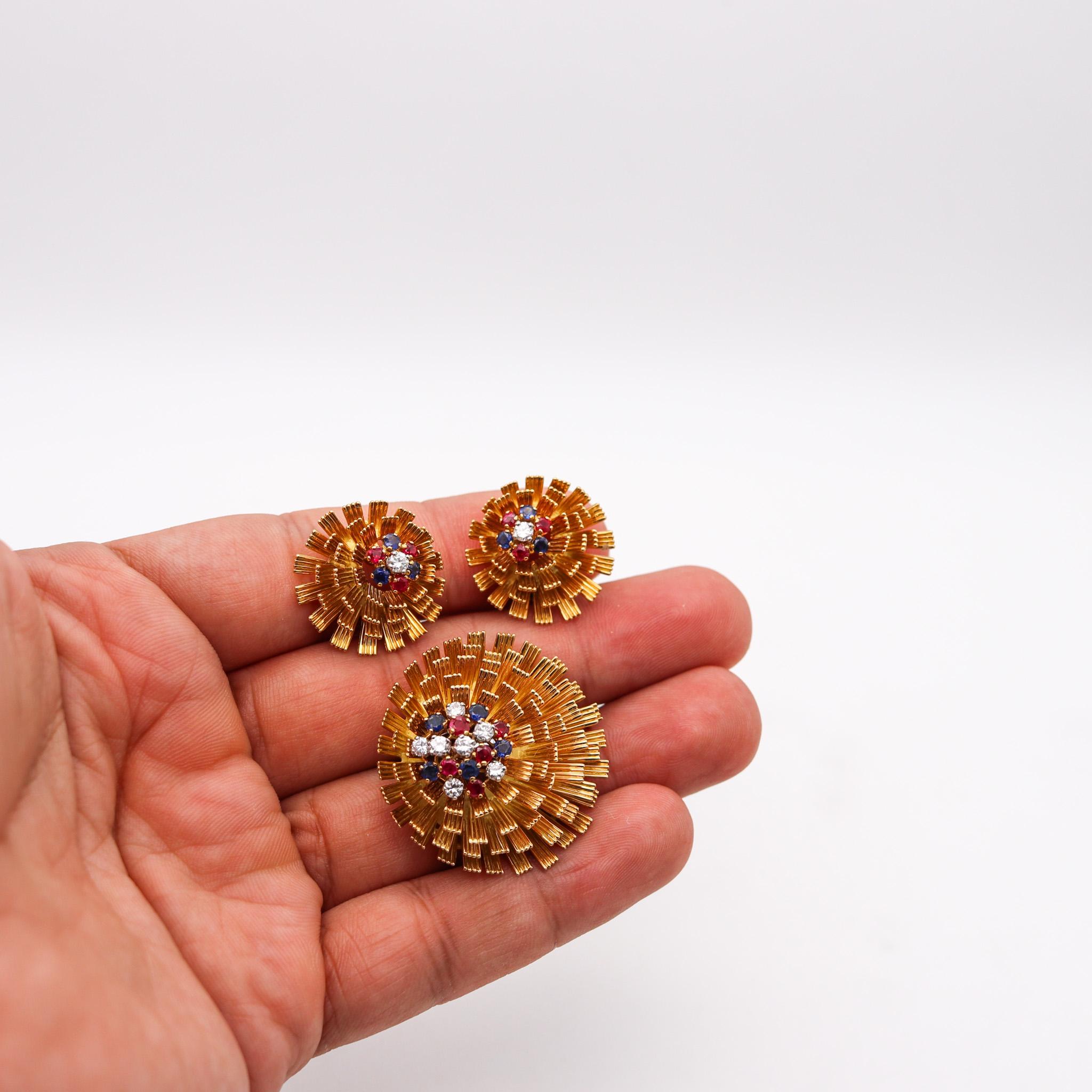 French 1960 Mid Century Modern Earrings Brooch 18Kt Gold With 2.33 Ctw Gemstones For Sale 2