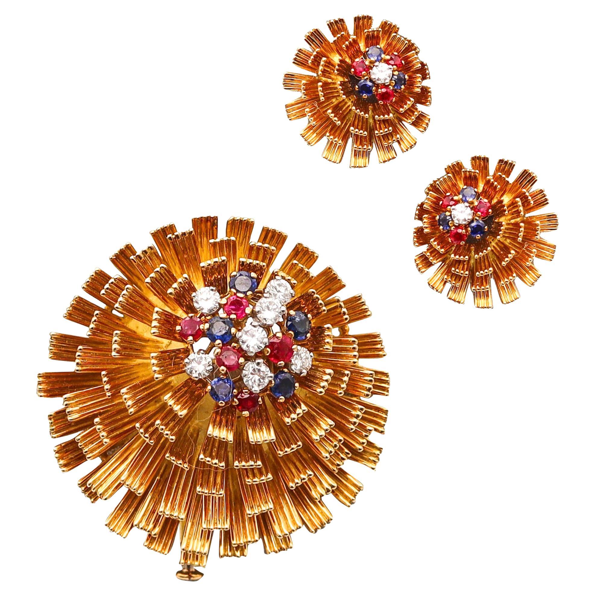 French 1960 Mid Century Modern Earrings Brooch 18Kt Gold With 2.33 Ctw Gemstones For Sale