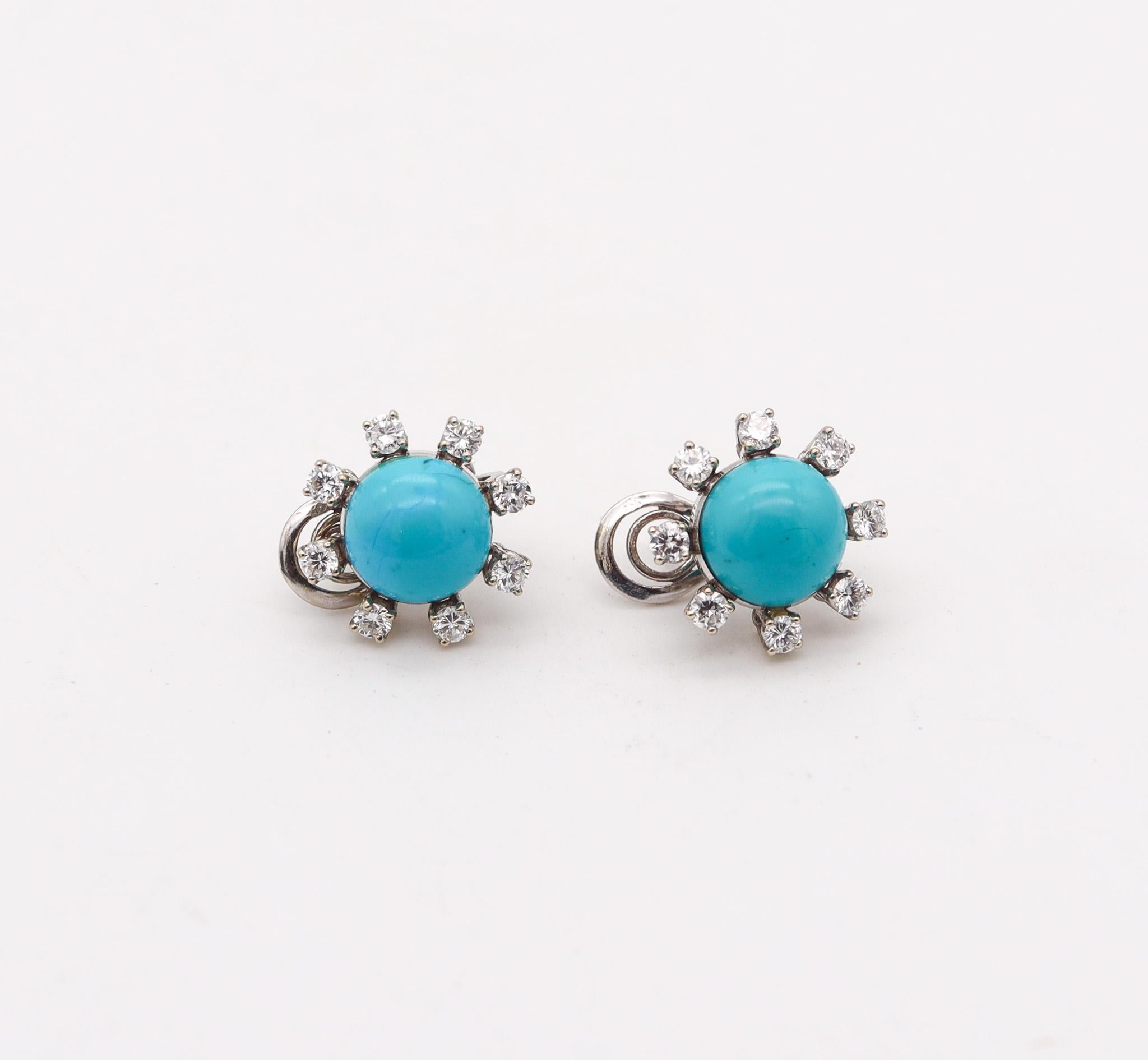 French earrings with turquoises and diamonds.

Colorful and refreshing pair of earrings crafted in Paris France in solid white gold of 18 karats, with polished finish. These earrings has been designed with classic round shapes and are embellished