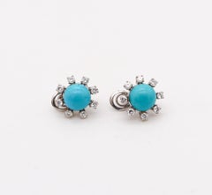 French 1960 Modernist Earrings In 18Kt Gold With 12.98 Ctw Diamonds & Turquoises