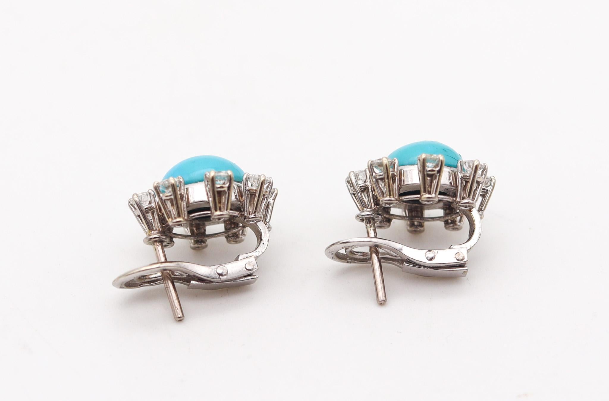 Brilliant Cut French 1960 Modernist Earrings In 18Kt Gold With 12.98 Ctw Diamonds & Turquoises For Sale