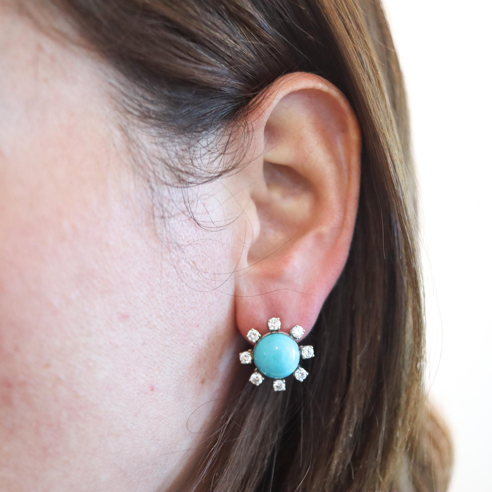 French 1960 Modernist Earrings In 18Kt Gold With 12.98 Ctw Diamonds & Turquoises For Sale 1