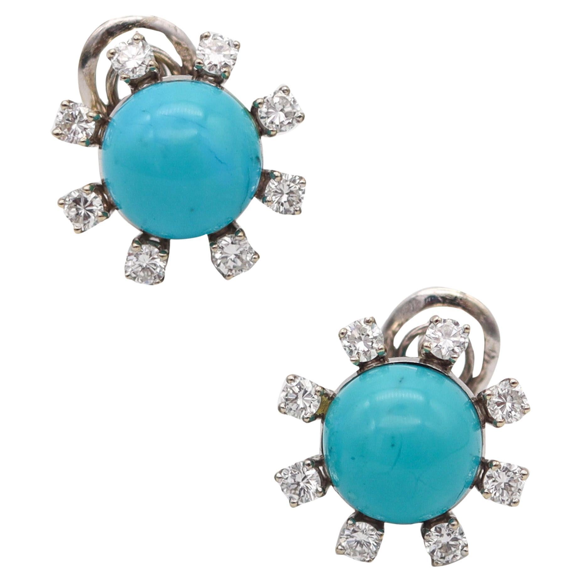 French 1960 Modernist Earrings In 18Kt Gold With 12.98 Ctw Diamonds & Turquoises For Sale