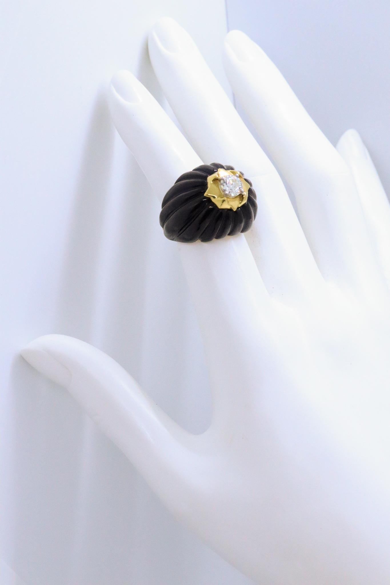 French Art-deco bombe cocktail ring.

Beautiful piece made in Paris France during the post war period, circa 1950. Finely crafted in 18 karat yellow gold with a .950 platinum top. Is mounted with a fluted cabochon cut carved from natural black onyx.