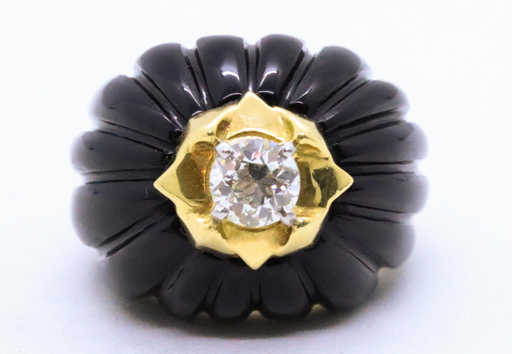 Post-War French 1960 Paris Bombe Ring 18Kt Yellow Gold & Platinum with 0.78 Ct Diamonds For Sale