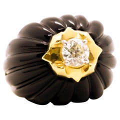 Retro French 1960 Paris Bombe Ring 18Kt Yellow Gold & Platinum with 0.78 Ct Diamonds