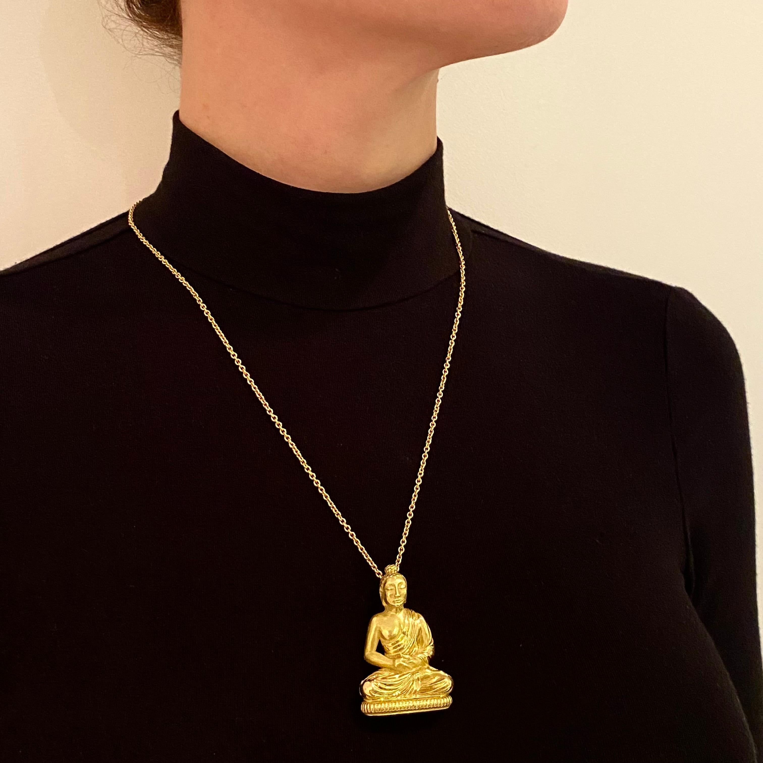 French 1960 Rare Seated Meditating Buddha Large Pendant Solid 18Kt Yellow Gold 1