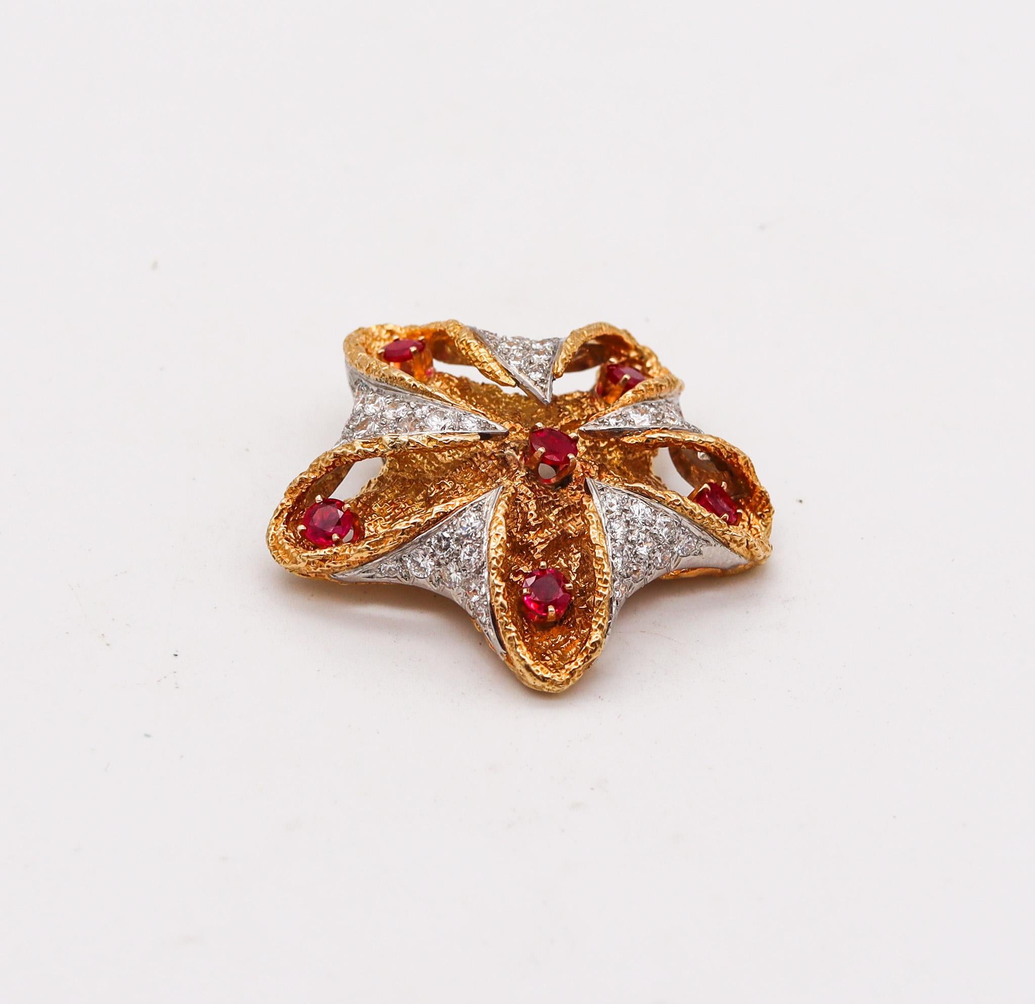 Modernist French 1960 Starfish Pendant Brooch Platinum 18Kt Gold 6.72 Ctw Diamond & Rubies For Sale