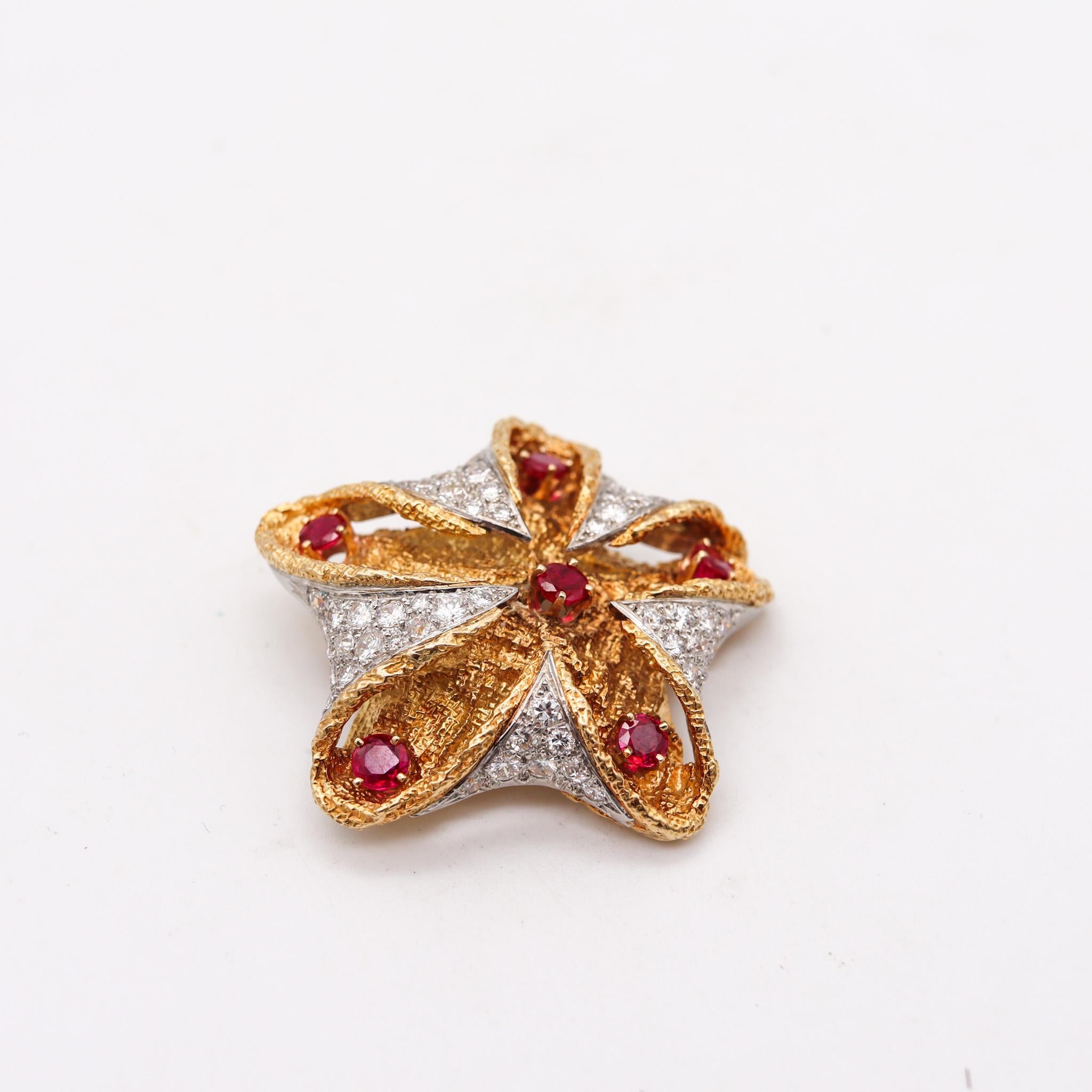 Brilliant Cut French 1960 Starfish Pendant Brooch Platinum 18Kt Gold 6.72 Ctw Diamond & Rubies For Sale