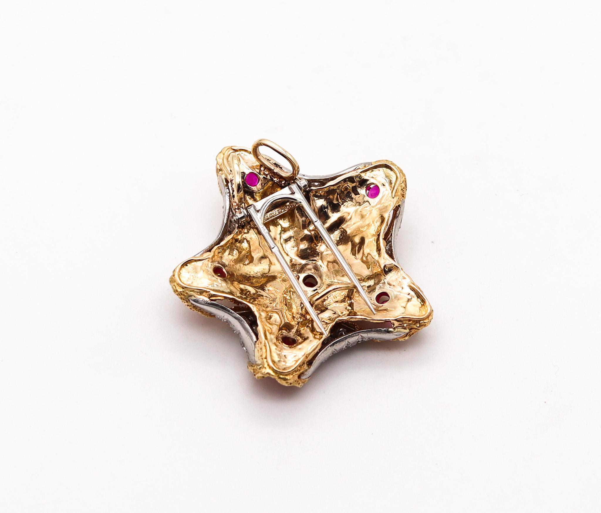 French 1960 Starfish Pendant Brooch Platinum 18Kt Gold 6.72 Ctw Diamond & Rubies In Excellent Condition For Sale In Miami, FL