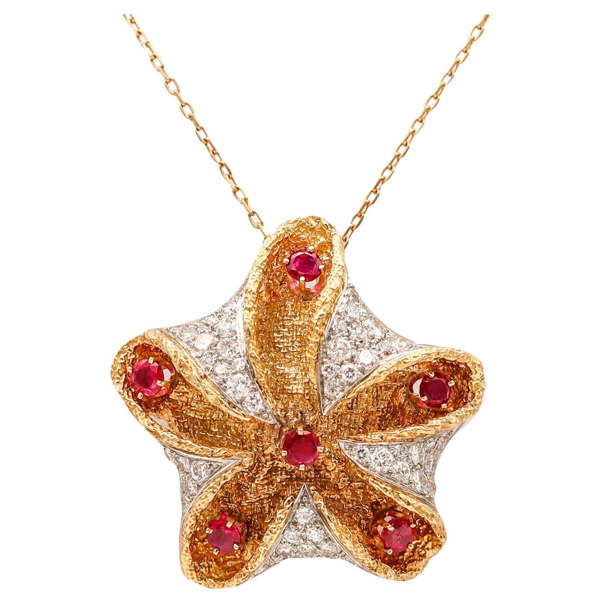 French 1960 Starfish Pendant Brooch Platinum 18Kt Gold 6.72 Ctw Diamond & Rubies For Sale