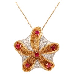 Vintage French 1960 Starfish Pendant Brooch Platinum 18Kt Gold 6.72 Ctw Diamond & Rubies