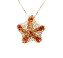 FRENCH 1960 Starfish Pendant Brooch Platinum 18Kt Gold 6.72 Ctw Diamonds & Ruby