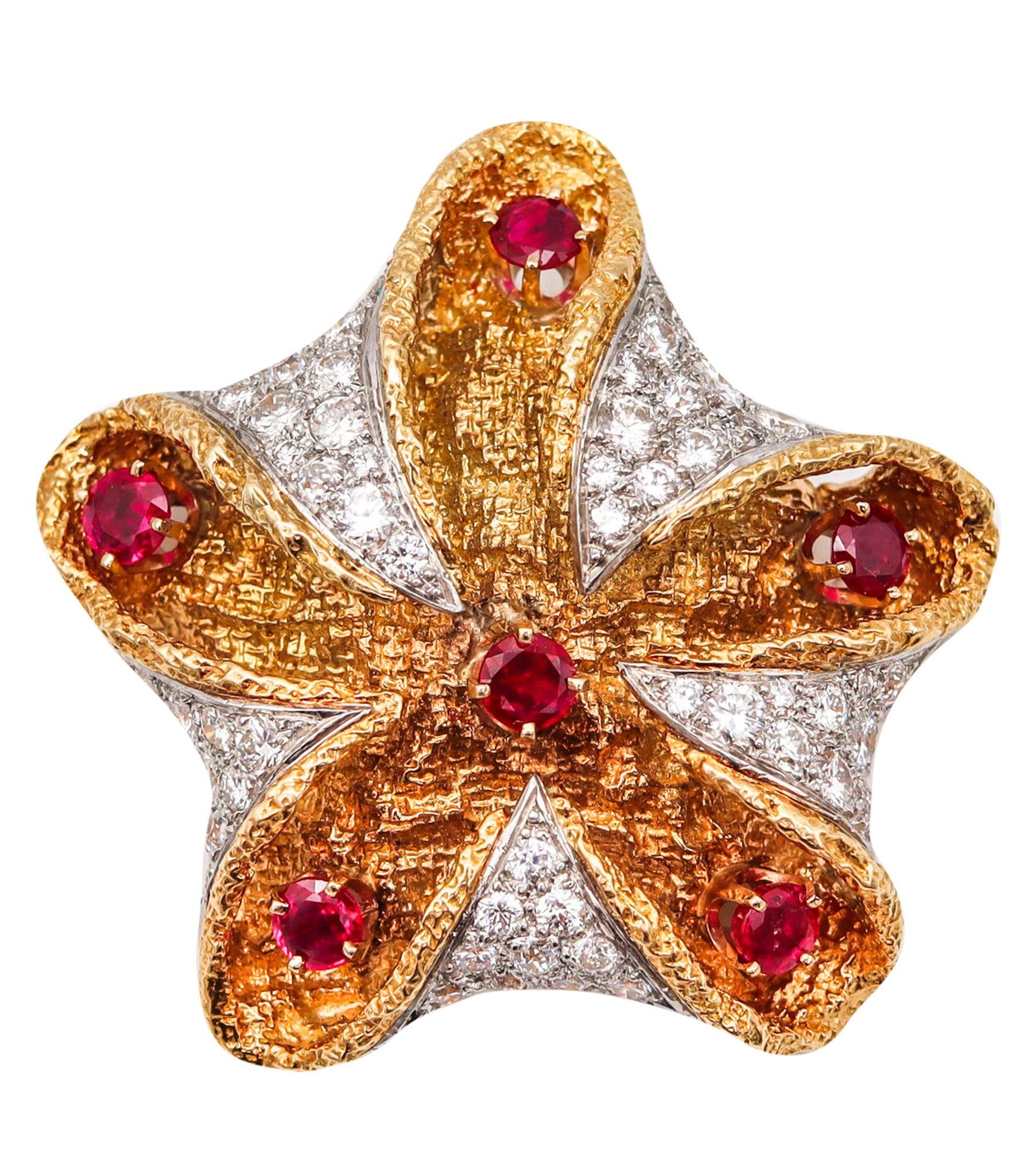 FRENCH 1960 Broche Colgante Estrella de Mar Platino Oro 18Kt 6.72 Ctw Diamantes y Rubí Modernista en venta