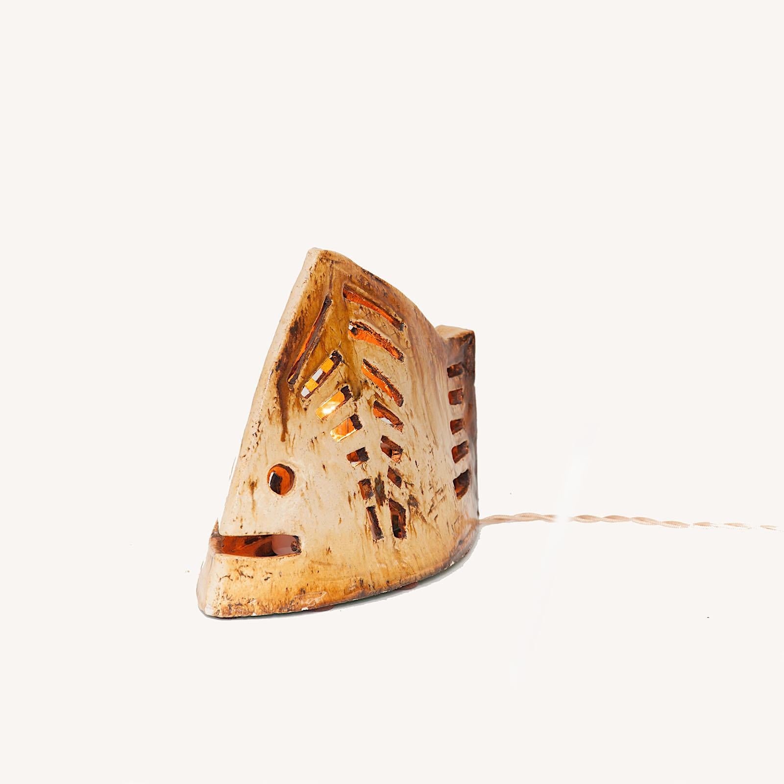 French 1960 Table Lamp in Ceramic, Representing a Fish, Brown Colored, Vallauris 1