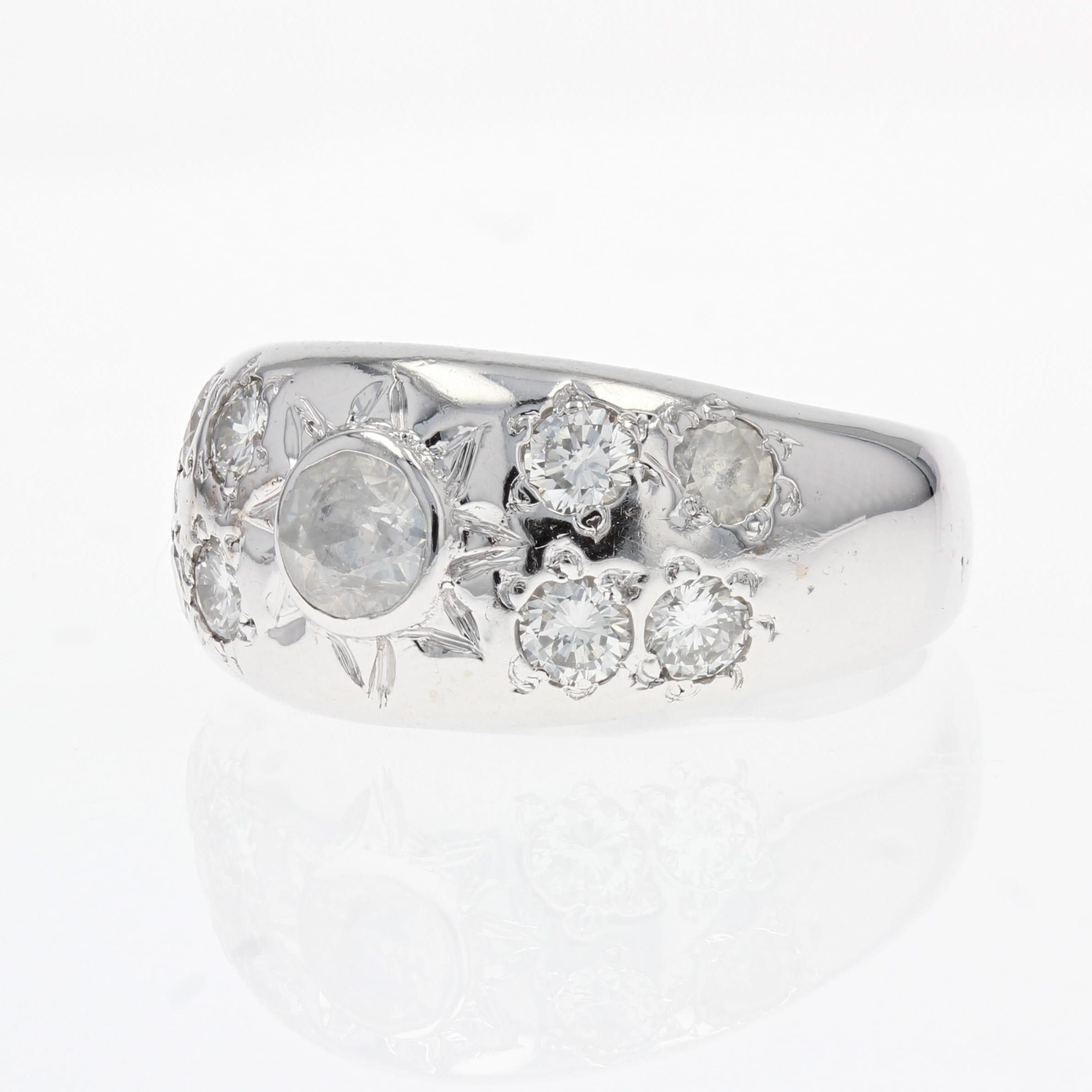 Retro French, 1960s 1 Carat Diamonds 18 Karat White Gold Bangle Ring For Sale