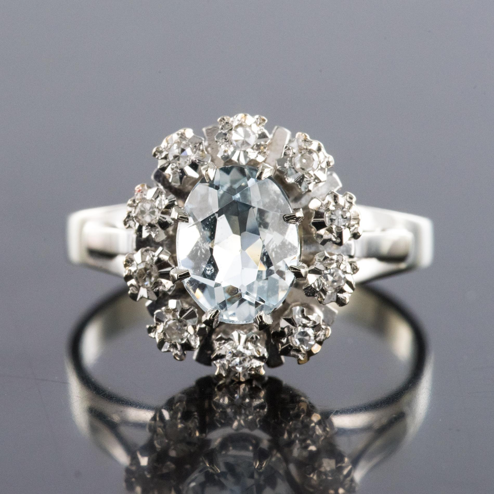 Retro French 1960s 1.03 Carat Aquamarine Diamond 18 Karat White Gold Ring