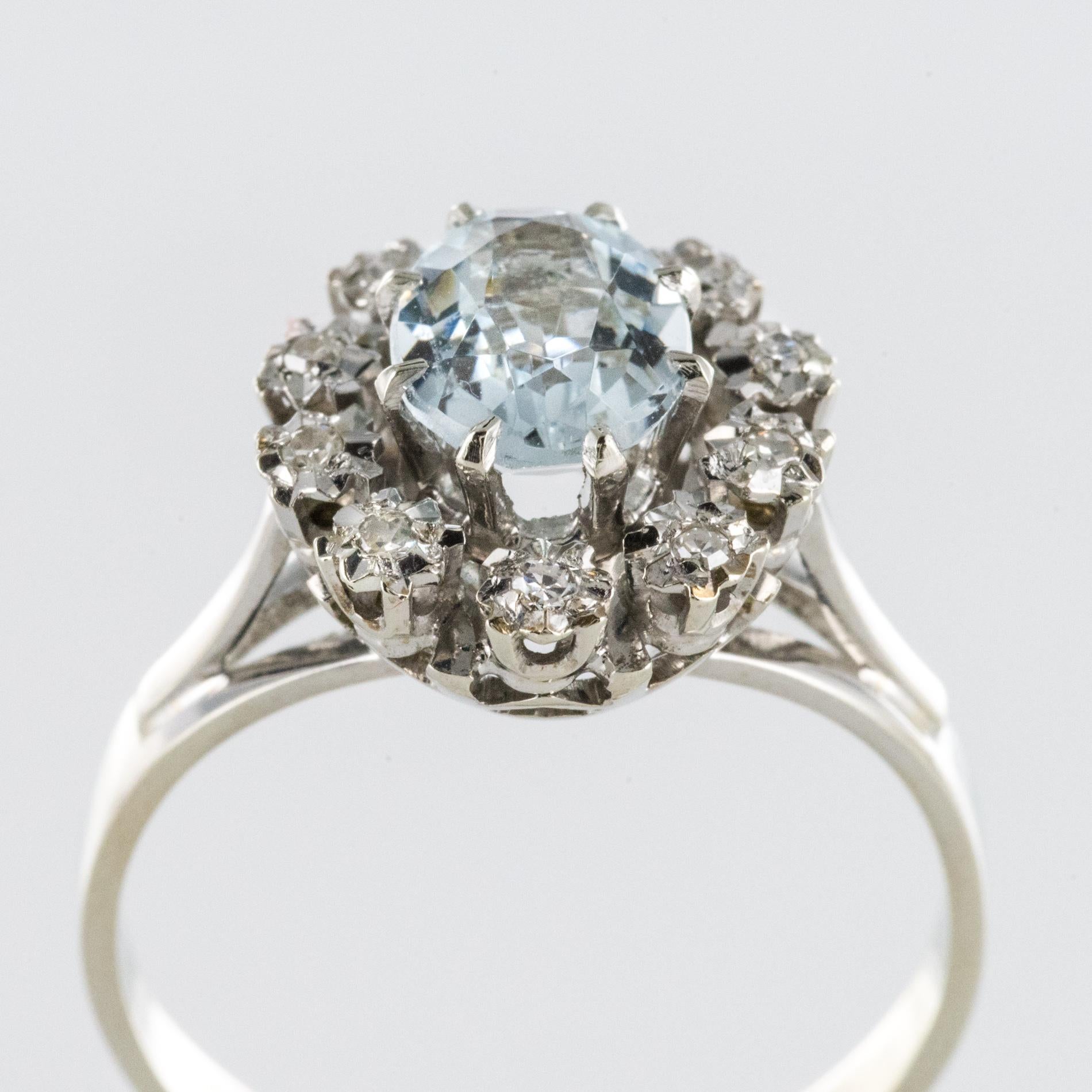 French 1960s 1.03 Carat Aquamarine Diamond 18 Karat White Gold Ring 2
