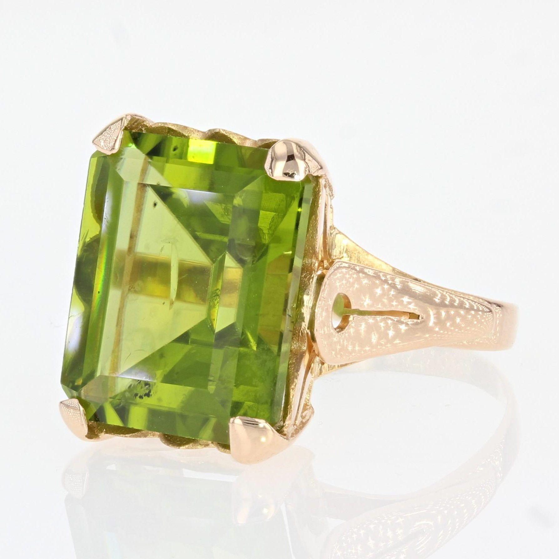 Emerald Cut French 1960s 11, 10 Carat Peridot 18 Karat Yellow Gold Ring