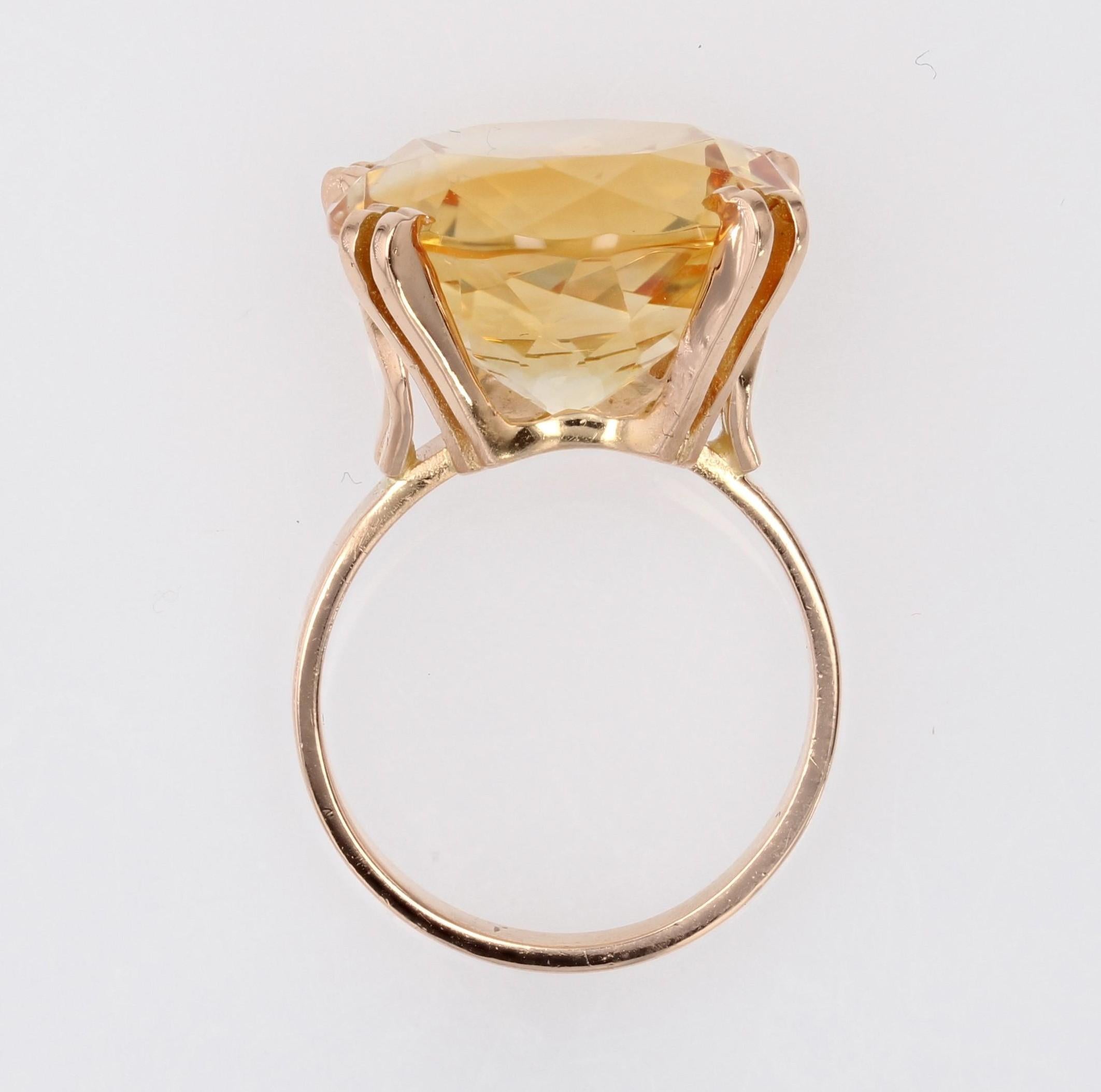 French 1960s 12.90 Carat Citrine 18 Karat Rose Gold Ring For Sale 9