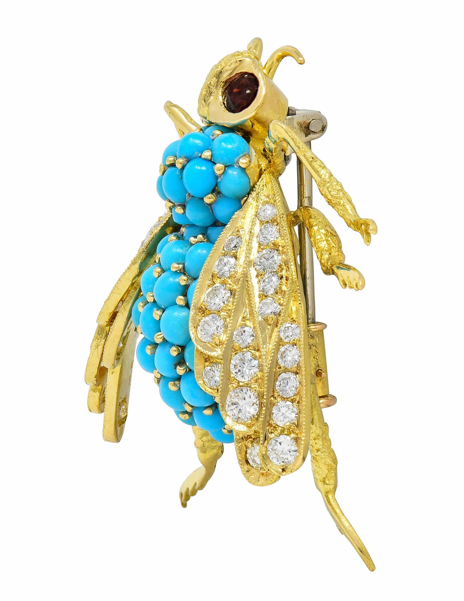 Brilliant Cut French 1960's 1.30 CTW Diamond Garnet Turquoise 18K Gold Vintage Bee Brooch For Sale