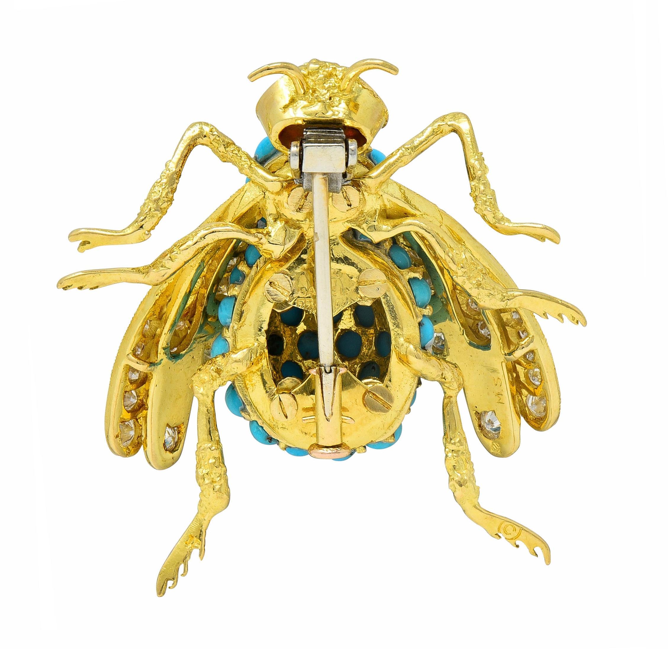 French 1960's 1.30 CTW Diamond Garnet Turquoise 18K Gold Vintage Bee Brooch In Excellent Condition For Sale In Philadelphia, PA