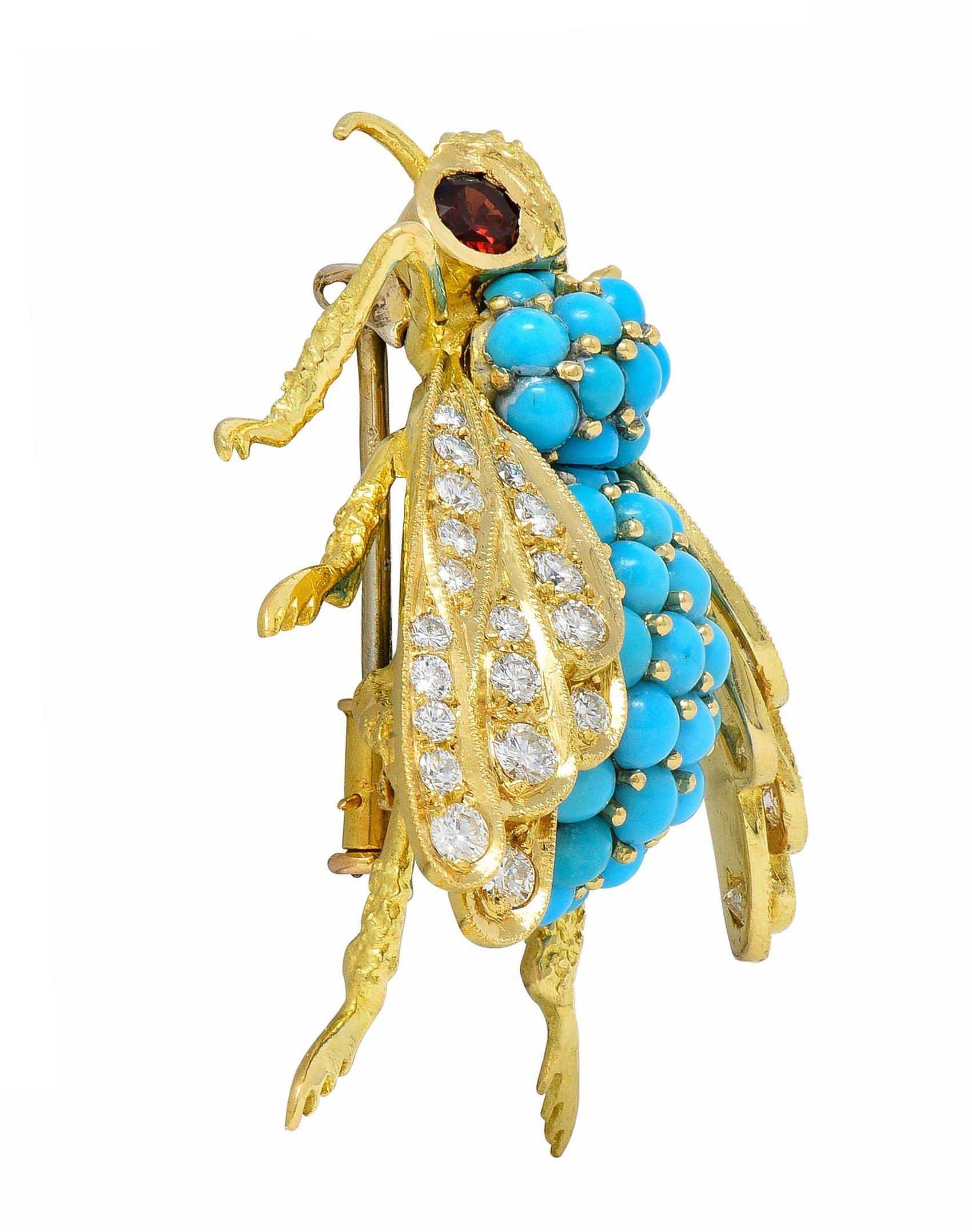 Women's or Men's French 1960's 1.30 CTW Diamond Garnet Turquoise 18K Gold Vintage Bee Brooch For Sale