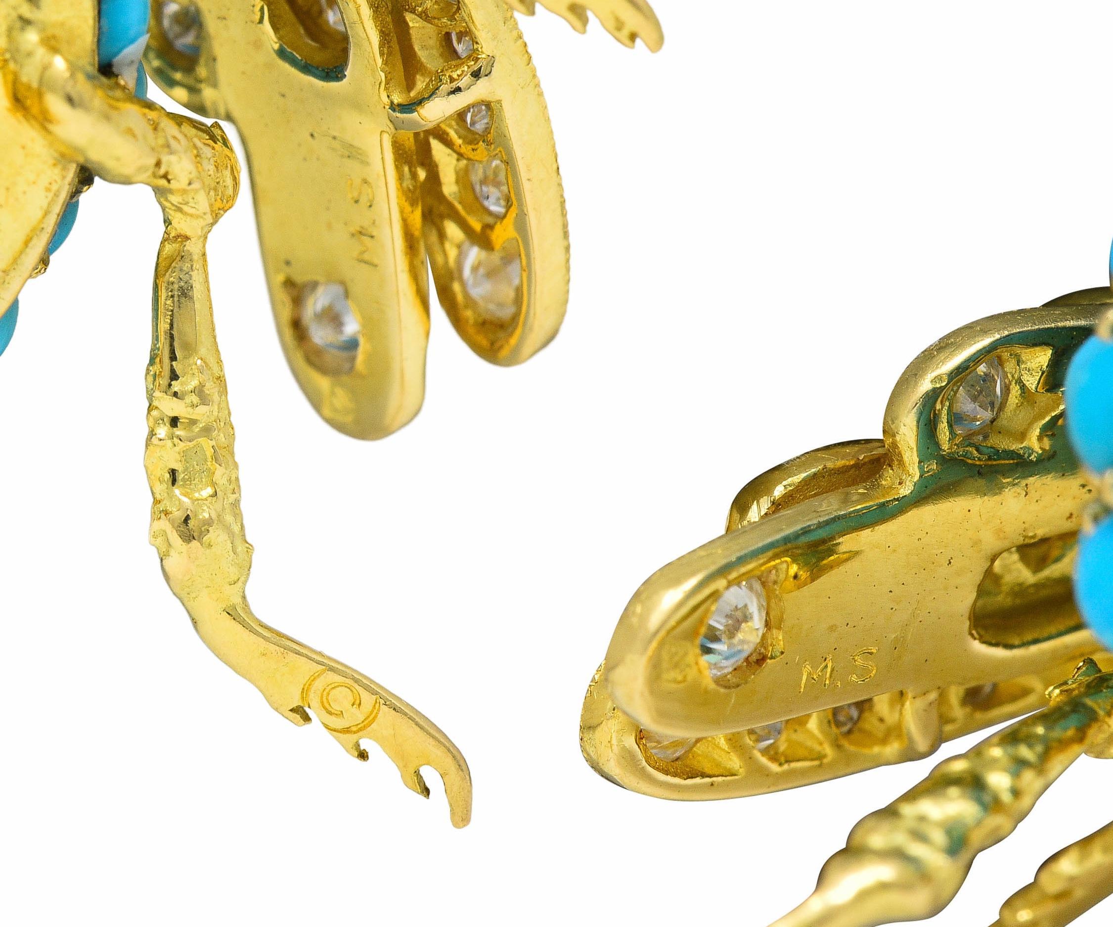 French 1960's 1.30 CTW Diamond Garnet Turquoise 18K Gold Vintage Bee Brooch For Sale 1