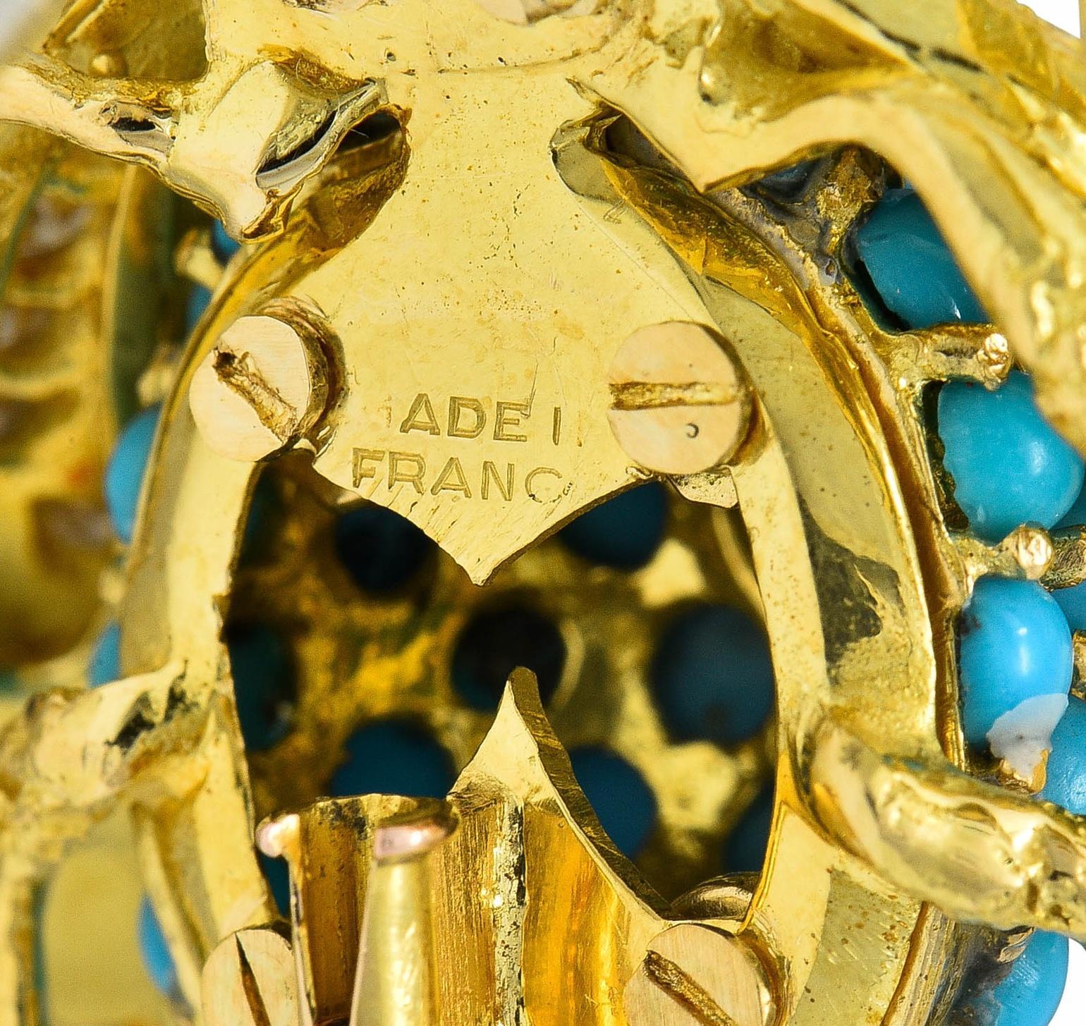 French 1960's 1.30 CTW Diamond Garnet Turquoise 18K Gold Vintage Bee Brooch For Sale 2
