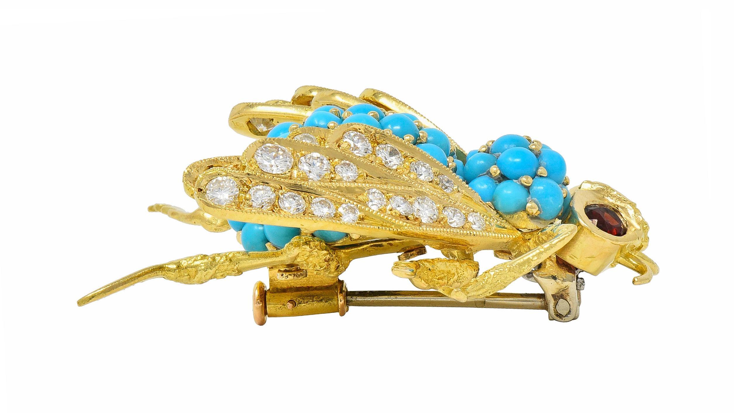 French 1960's 1.30 CTW Diamond Garnet Turquoise 18K Gold Vintage Bee Brooch For Sale 4
