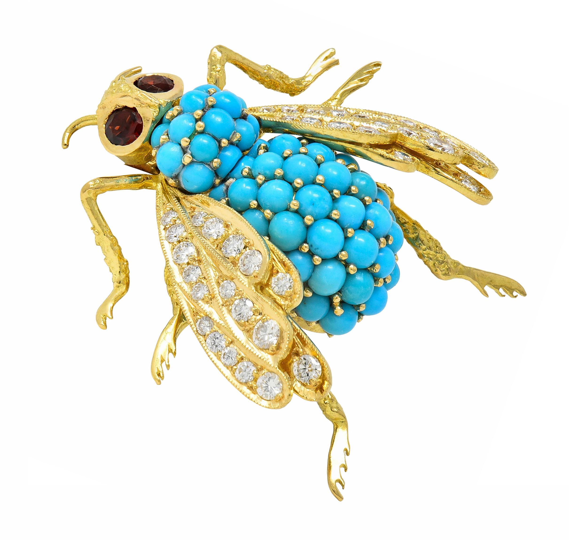 French 1960's 1.30 CTW Diamond Garnet Turquoise 18K Gold Vintage Bee Brooch For Sale 5