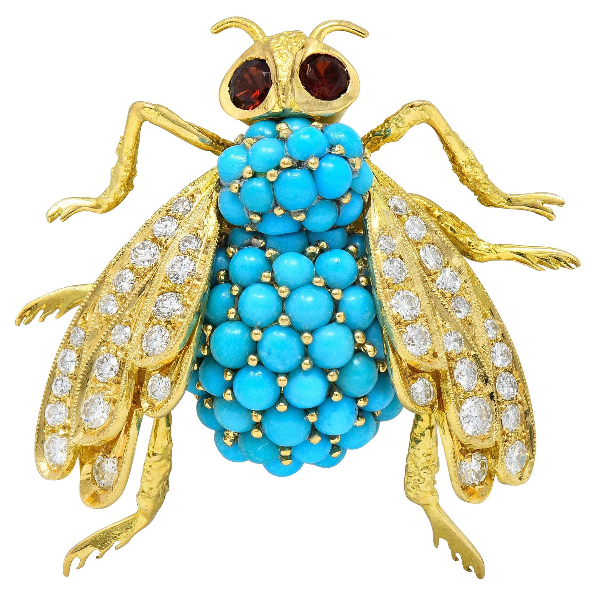 French 1960's 1.30 CTW Diamond Garnet Turquoise 18K Gold Vintage Bee Brooch