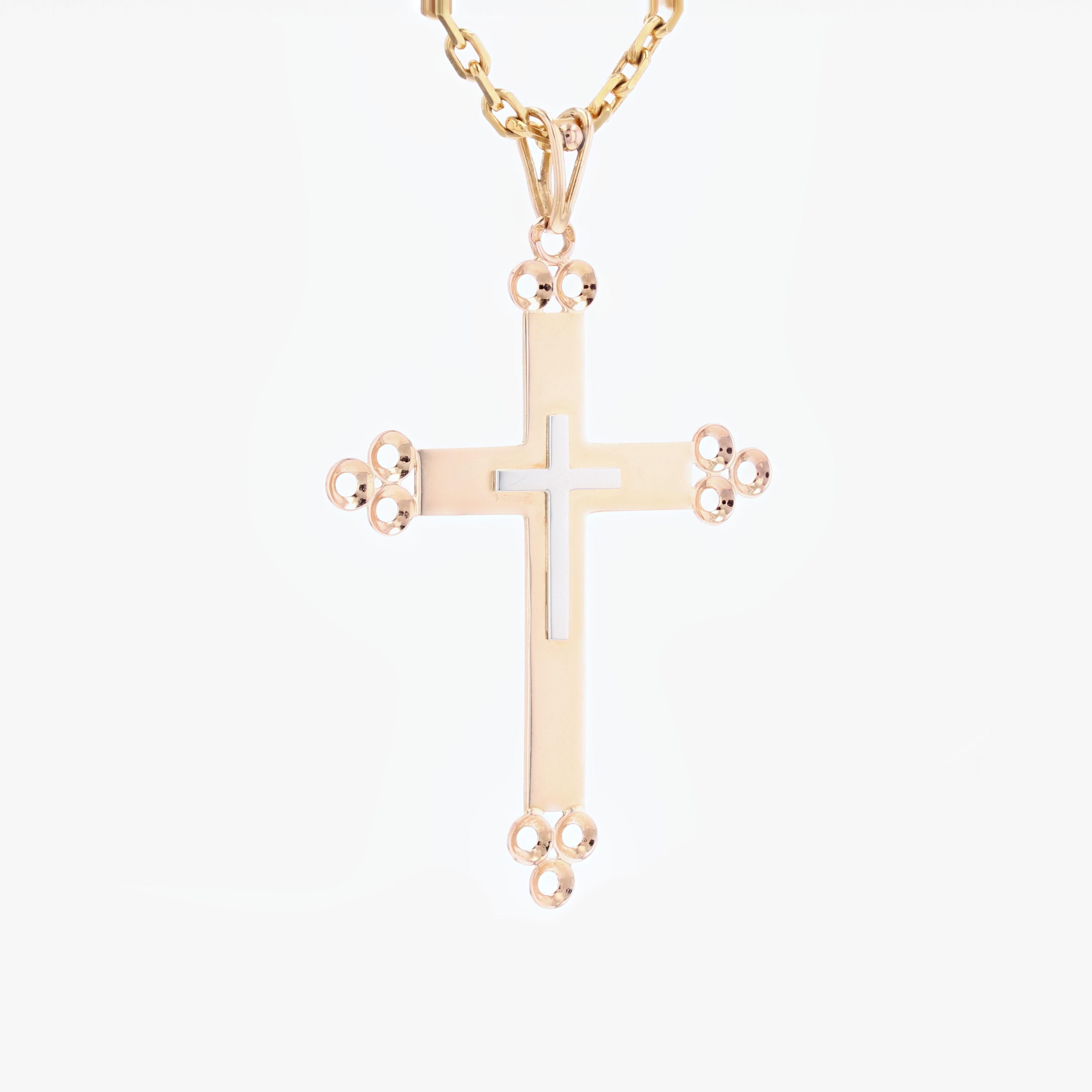 Women's French 1960s 18 Karat Rose and White Gold Cross Pendant For Sale